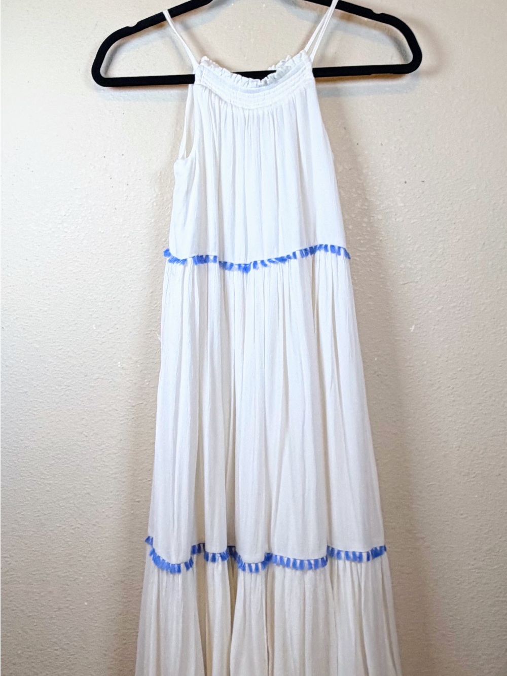 Rachel Zoe White Maxi Dress with Blue Tassel Trim. Size S based on measurements